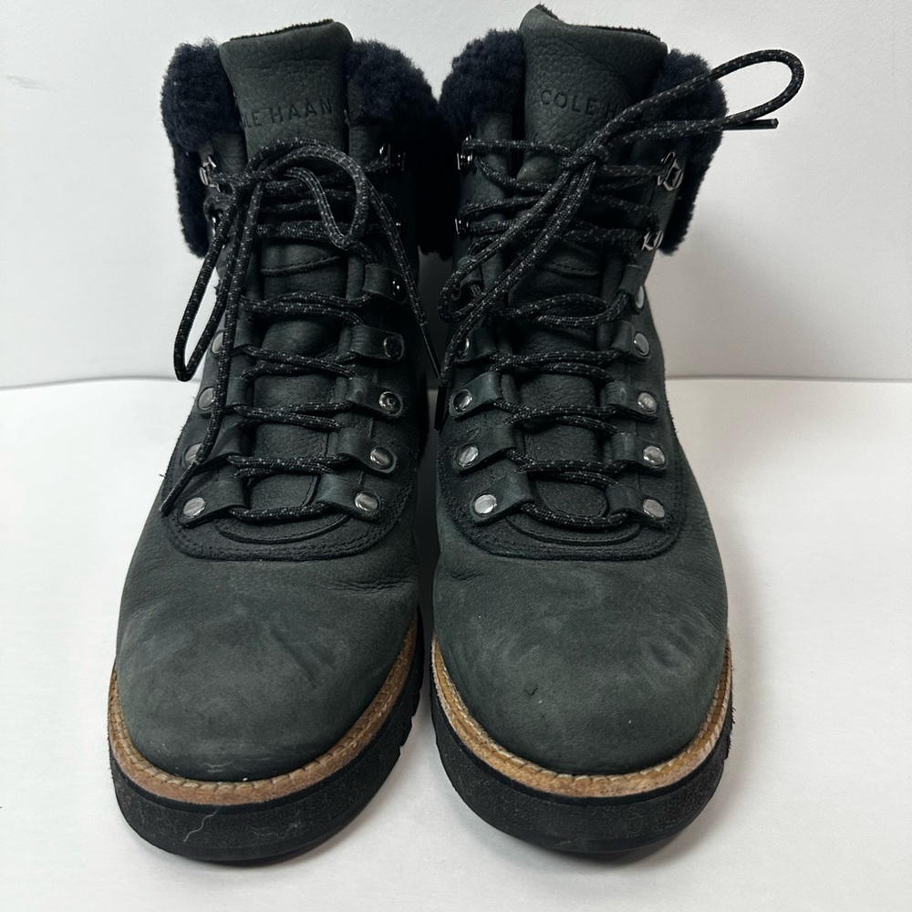 Cole Haan Black Shearling Trim Lace‑Up Winter Boots Size 8.5 B - Picture 4 of 13